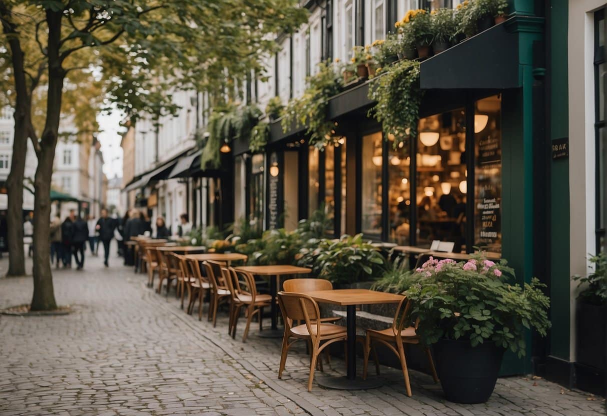 A bustling street in Copenhagen, with colorful signs and outdoor seating at vegetarian restaurants. Greenery and modern architecture in the background