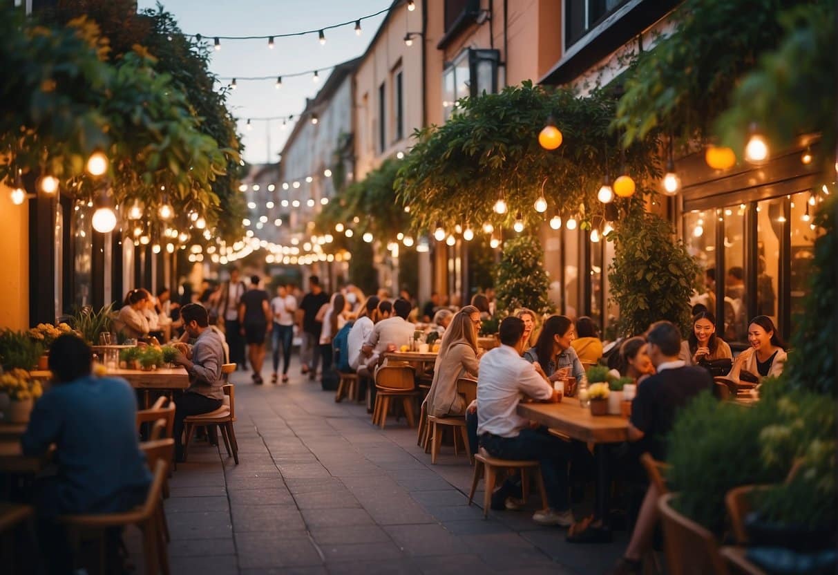 A bustling street lined with colorful outdoor cafes and vibrant plant-based eateries, with people enjoying delicious vegetarian dishes under the warm glow of hanging lights