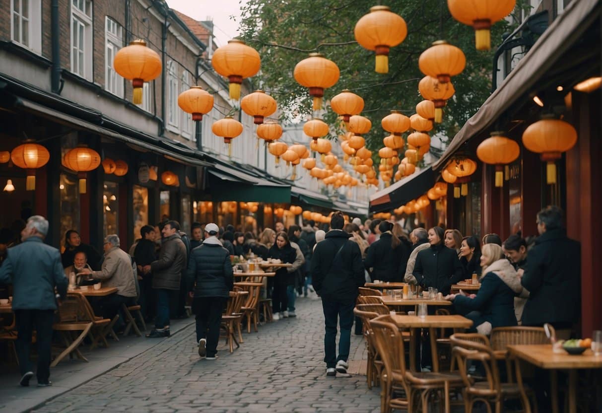 A bustling street in Copenhagen, with colorful lanterns hanging outside traditional Chinese restaurants. A mix of locals and tourists enjoy the aroma of sizzling woks and the sound of sizzling food