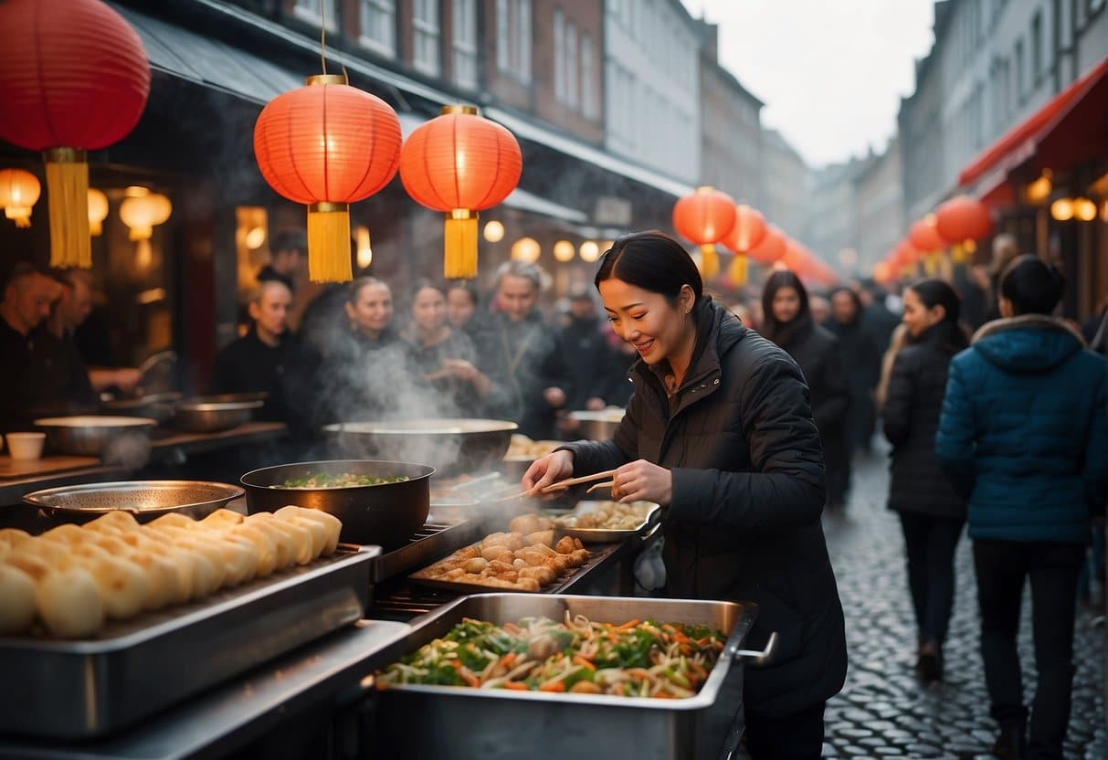 A bustling street in Copenhagen, lined with colorful Chinese lanterns and bustling with diners enjoying steaming plates of dumplings and sizzling woks