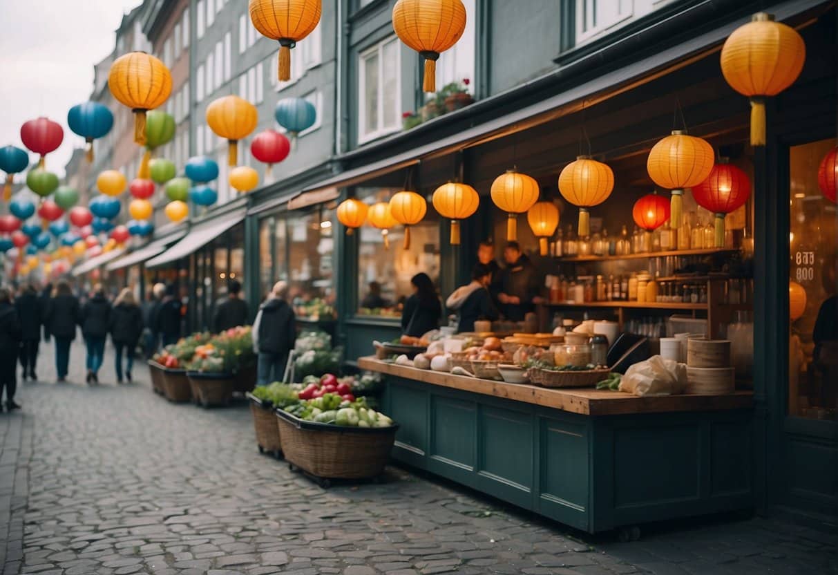 A bustling street in Copenhagen, with colorful lanterns hanging from the storefronts and the savory aroma of sizzling woks filling the air