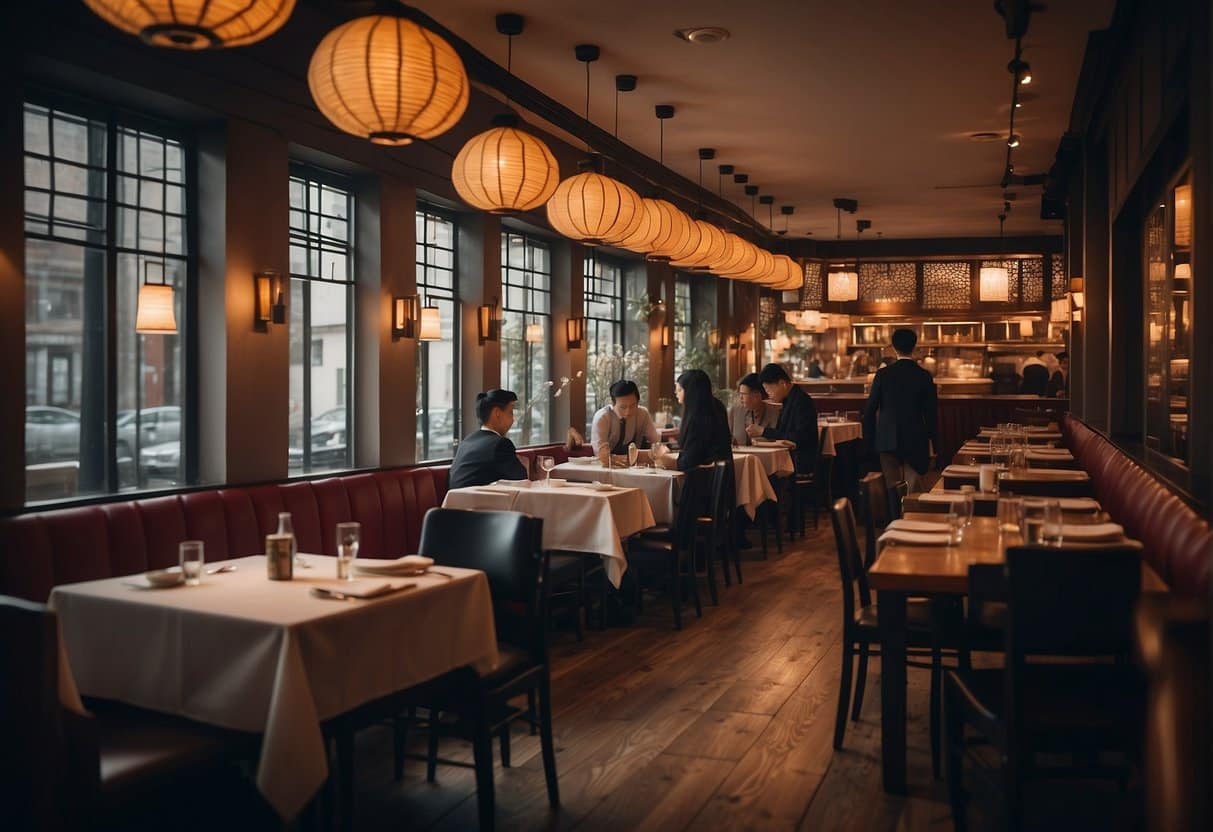 The bustling atmosphere of a Chinese restaurant in Copenhagen, with servers attending to tables and the aroma of sizzling dishes filling the air