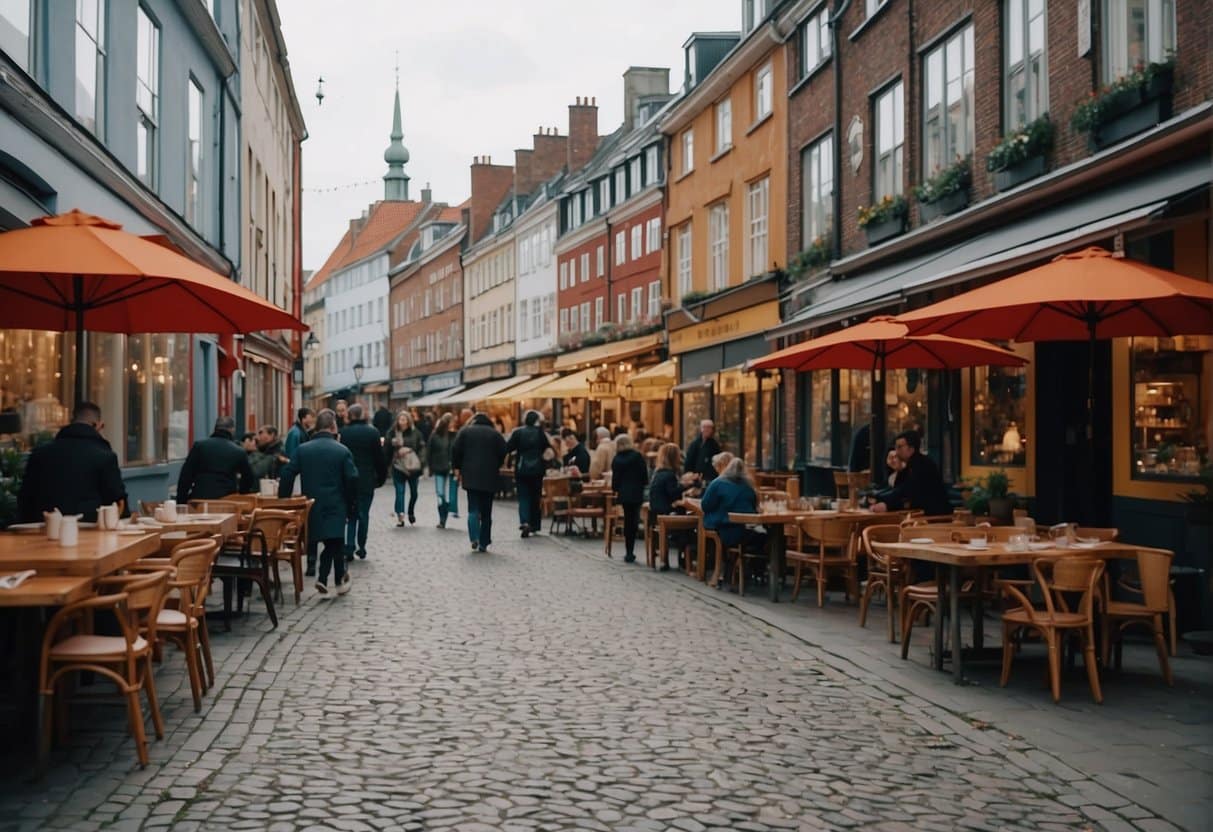 A bustling street in Copenhagen, lined with colorful Chinese restaurants and vibrant signage. Customers dine at outdoor tables while chefs prepare steaming dishes in open kitchens