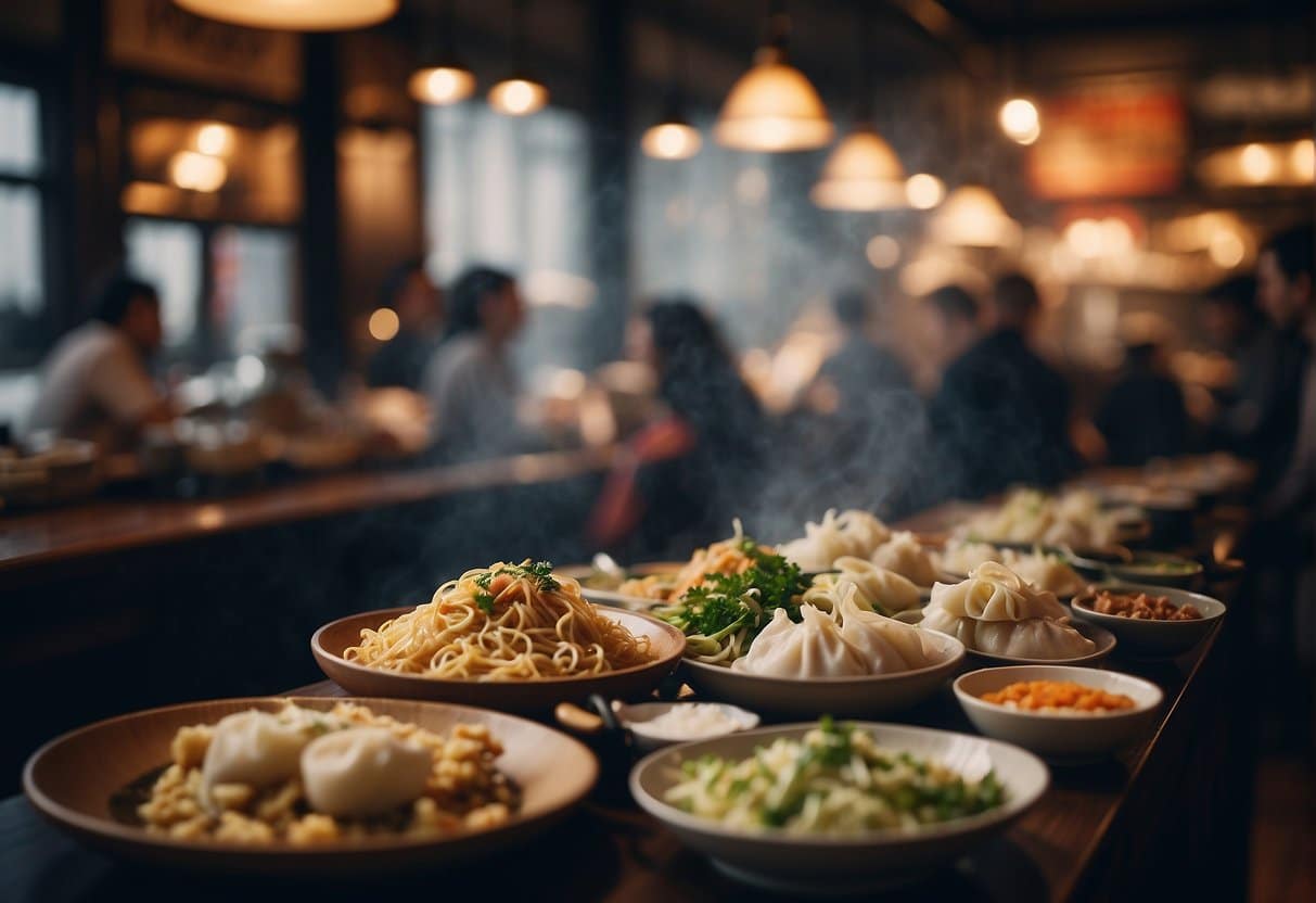 A bustling Asian restaurant in Copenhagen, with colorful decor and steaming plates of dumplings and noodles being served to eager customers