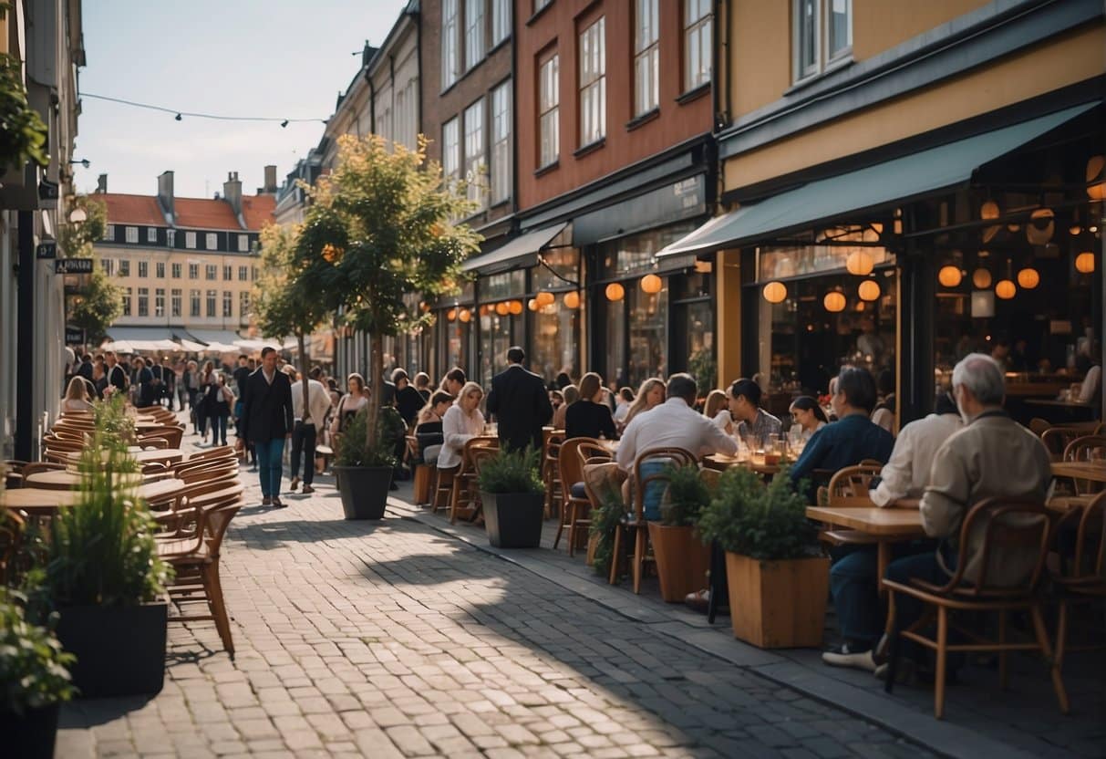 A bustling street in Copenhagen, with colorful Asian restaurants lining the sidewalks, emitting tantalizing aromas and attracting crowds of hungry diners