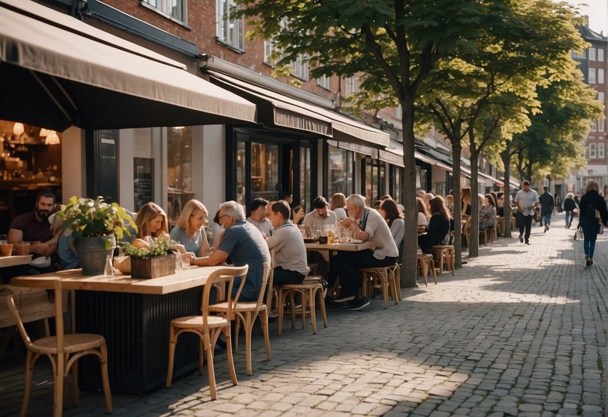 A bustling street in Copenhagen, with colorful Asian restaurants lining the sidewalk. A mix of aromas fills the air as people dine and chat outside