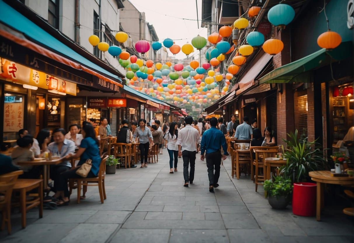 A bustling city street with colorful Asian restaurant signs and outdoor dining areas. Busy waiters and diners fill the sidewalks, creating a lively and vibrant atmosphere