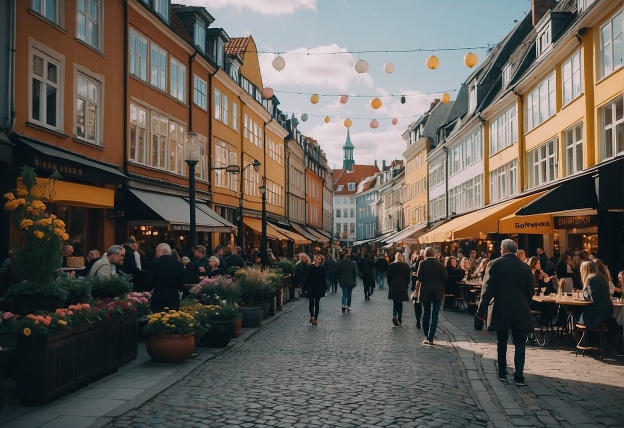 A bustling street in Copenhagen, with colorful signs and bustling crowds outside trendy Asian restaurants and new openings