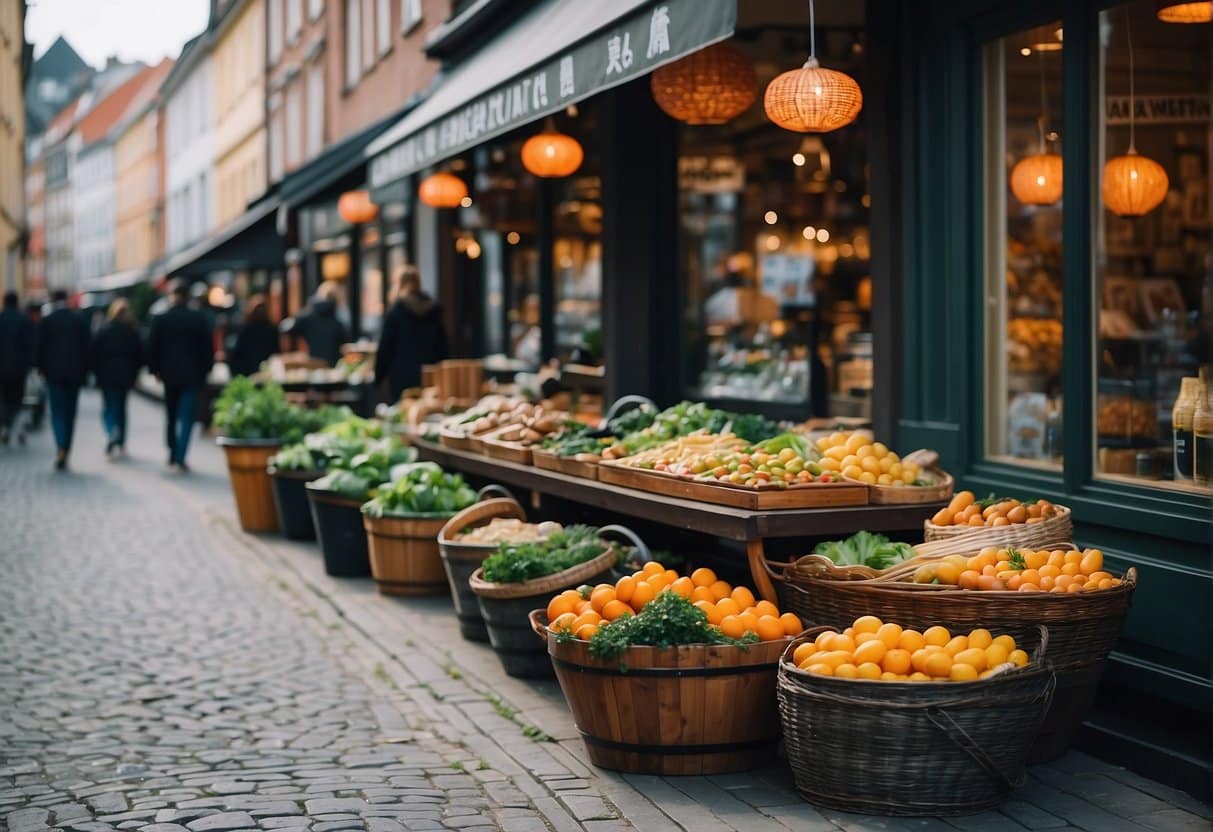 A bustling street in Copenhagen, with colorful signs and vibrant storefronts advertising the best Asian restaurants and unique dishes