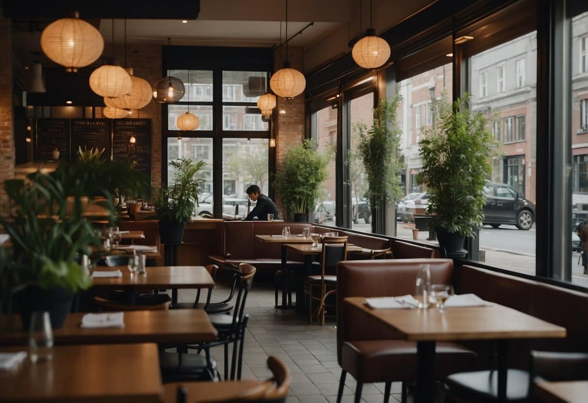 Scene: A bustling Asian restaurant in Copenhagen, showcasing sustainable and local ingredients in its vibrant dishes and cozy atmosphere