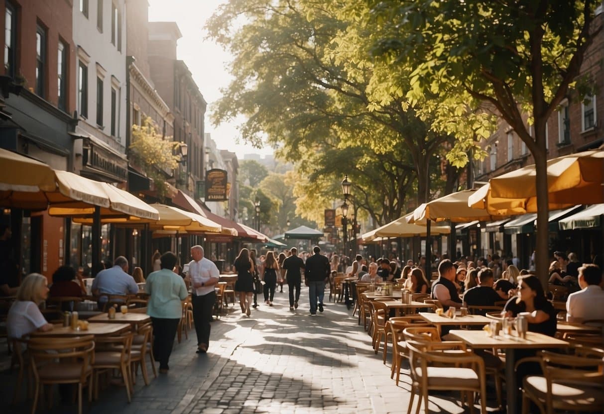 A bustling street lined with diverse restaurants and cafes, with outdoor seating and colorful signage. The aroma of various cuisines fills the air as people stroll and dine al fresco