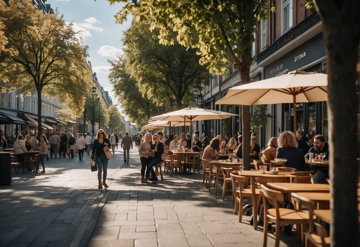 A bustling street lined with popular restaurants and cafes on Frederiksberg, 2024. Outdoor seating, colorful signage, and a mix of people enjoying food and drinks