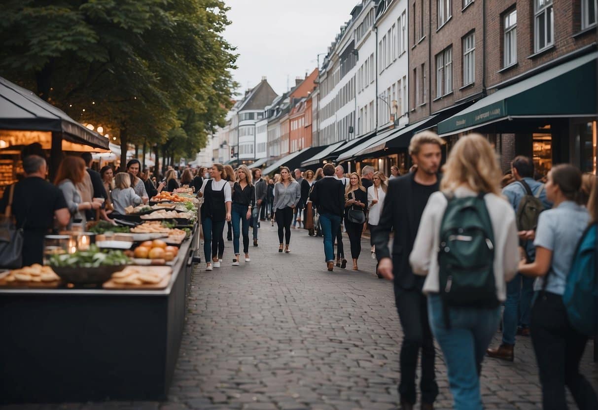 A bustling Copenhagen street lined with eco-friendly catering companies in 2024