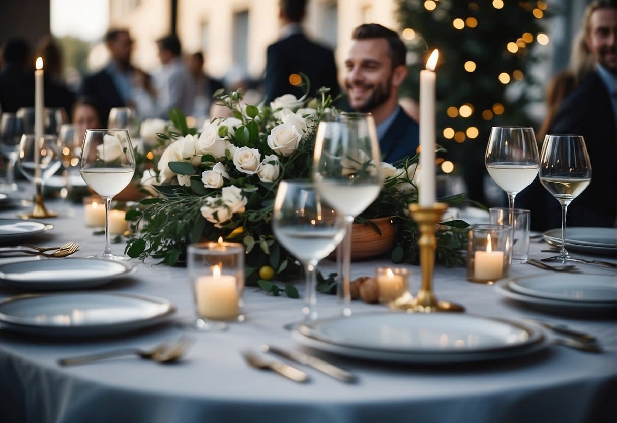 A beautifully set table with elegant place settings and an array of delicious dishes, surrounded by happy guests at a special event in Copenhagen