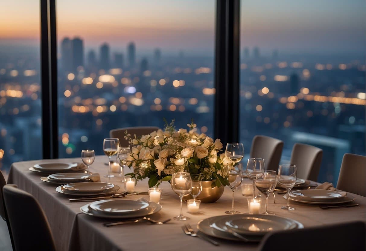 A luxurious dining room with elegant table settings, soft ambient lighting, and a view of the city skyline through large windows