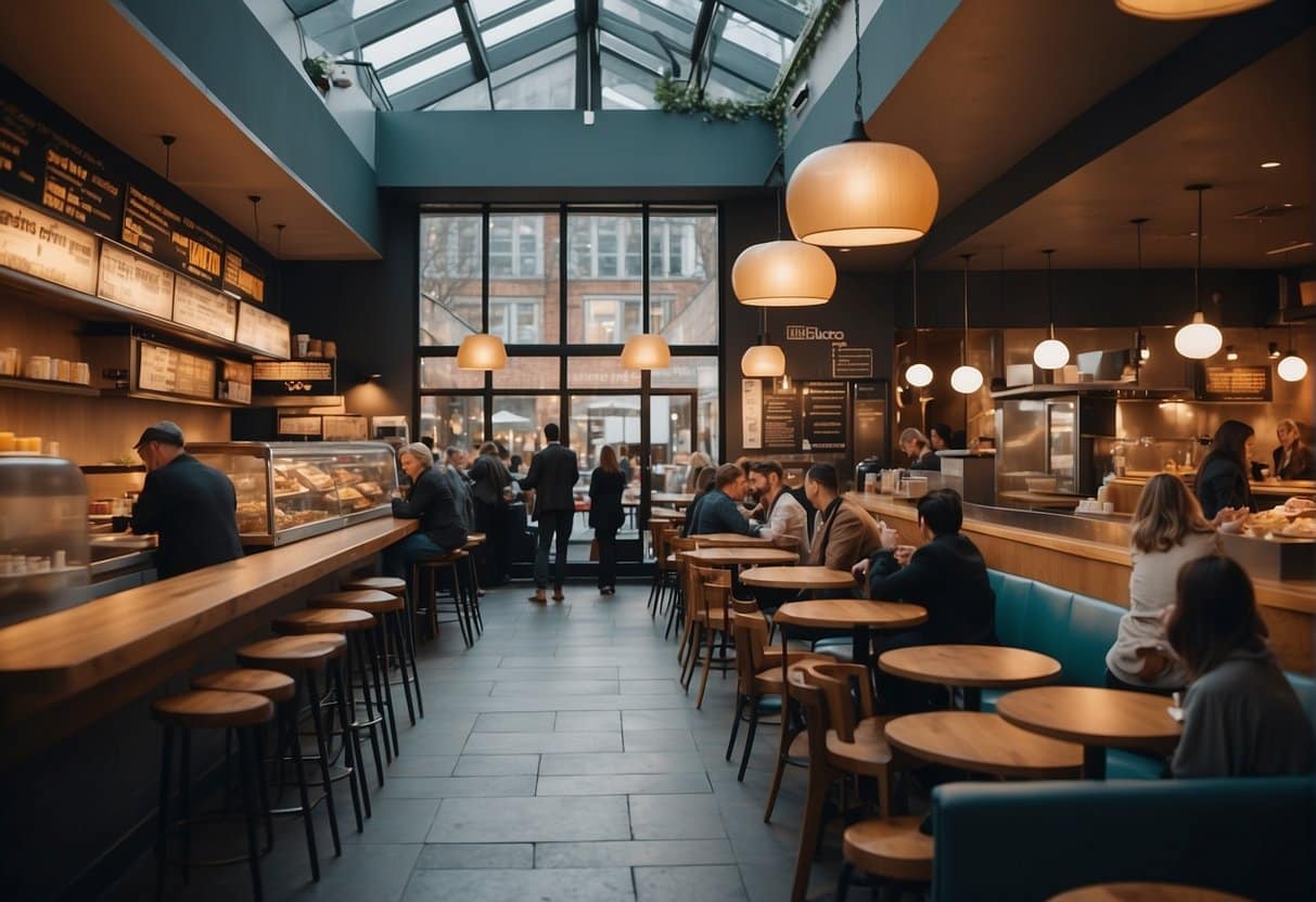 Busy fast-food restaurant in Copenhagen, with customers ordering quickly and efficiently. Brightly lit interior with modern decor and a bustling atmosphere