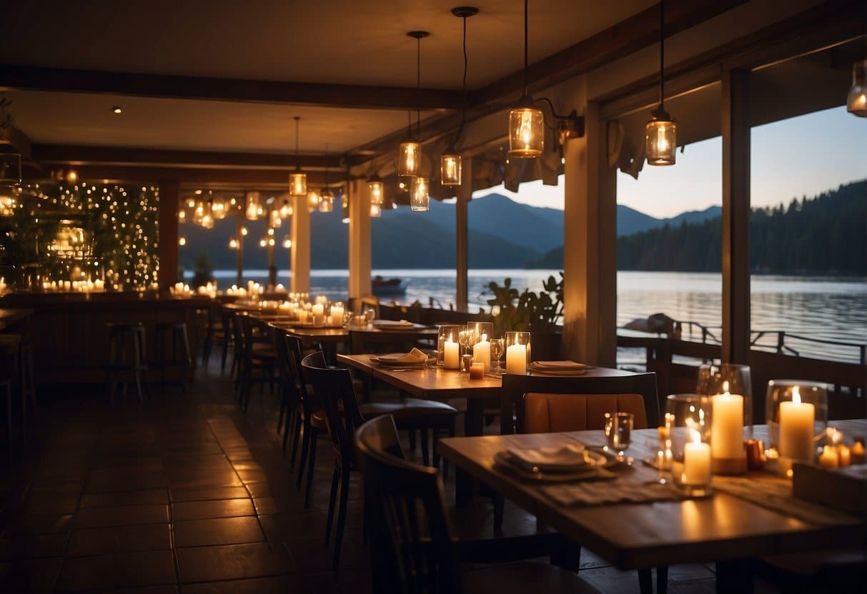 A cozy restaurant with dim lighting, white tablecloths, and flickering candles. A large window overlooks a serene lake, and a chef can be seen working in an open kitchen