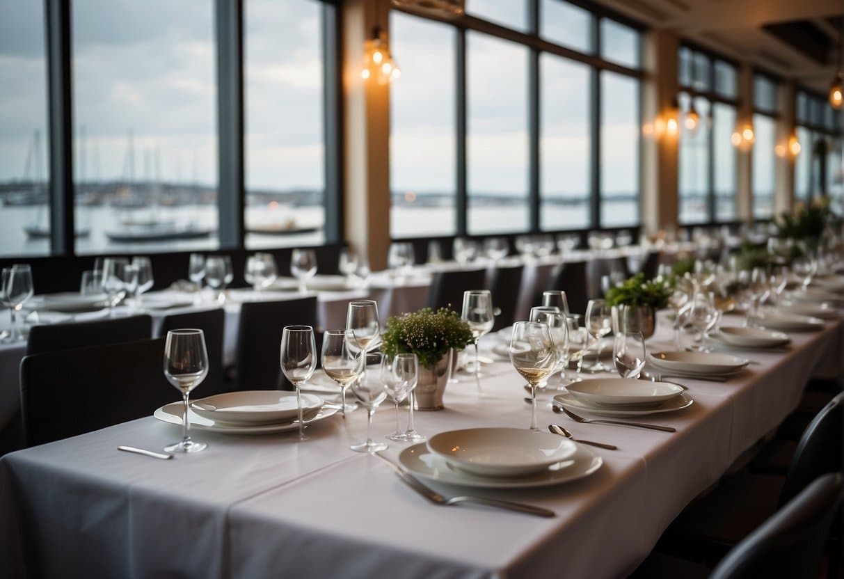 A bustling restaurant with elegant decor and a view of the waterfront in Sønderborg, Denmark. The tables are set with white tablecloths and sparkling glassware, and the aroma of delicious food fills the air