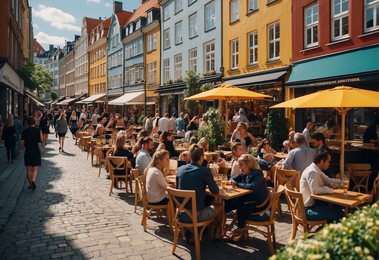 A bustling street in Copenhagen, with colorful facades of lunch restaurants and outdoor seating. Customers enjoy their meals while the city buzzes around them