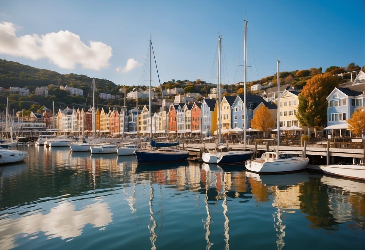 A vibrant waterfront scene with colorful buildings and outdoor seating, overlooking a bustling harbor with sailboats and a bridge in the background