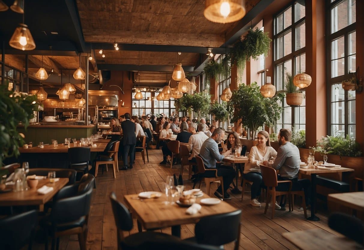 A bustling restaurant with a mix of Danish and international decor, filled with happy diners enjoying a variety of delicious dishes