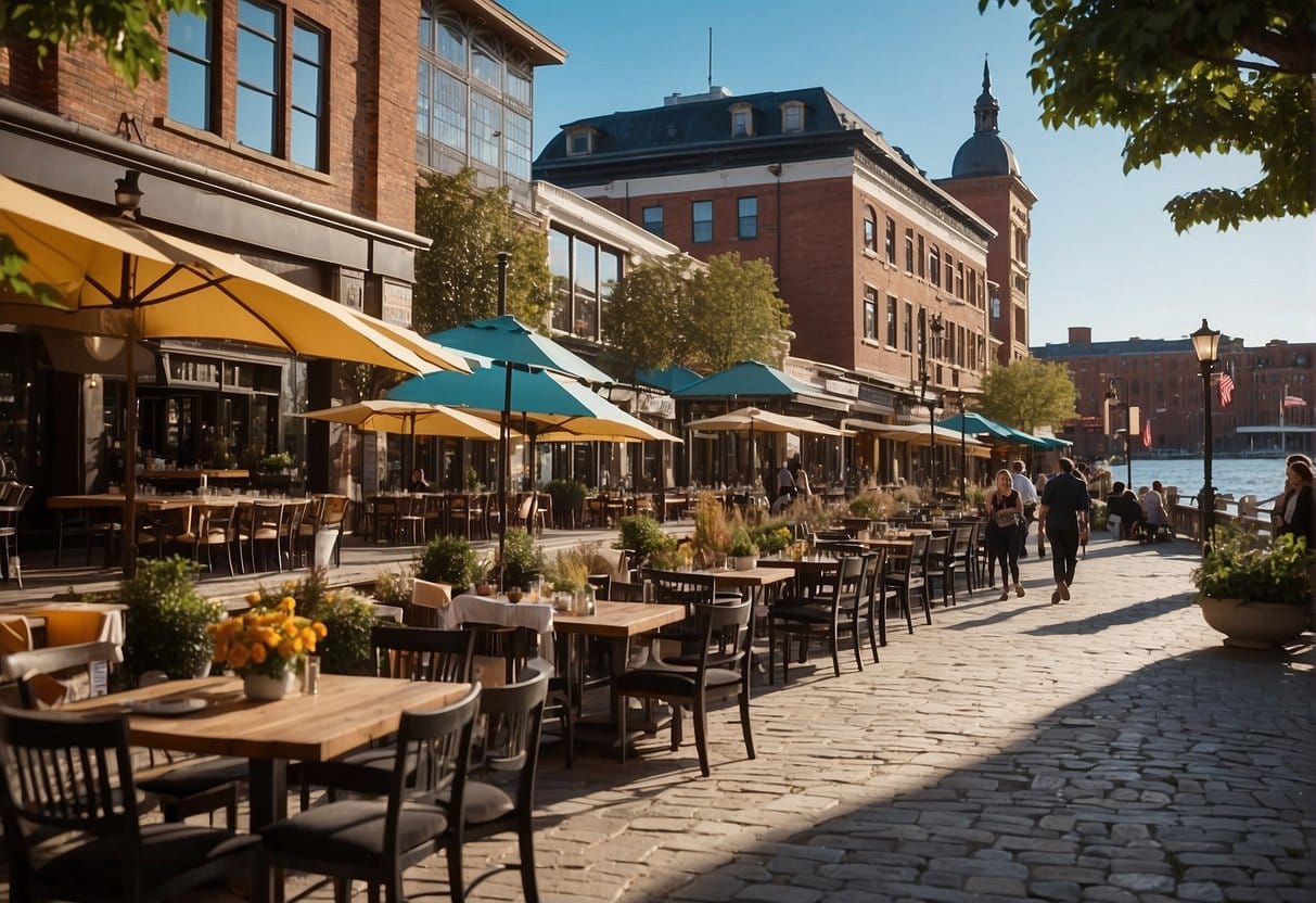 A bustling waterfront scene with colorful outdoor dining areas and a mix of modern and historic architecture. A variety of cuisines are represented, with signs displaying the names of top-rated restaurants