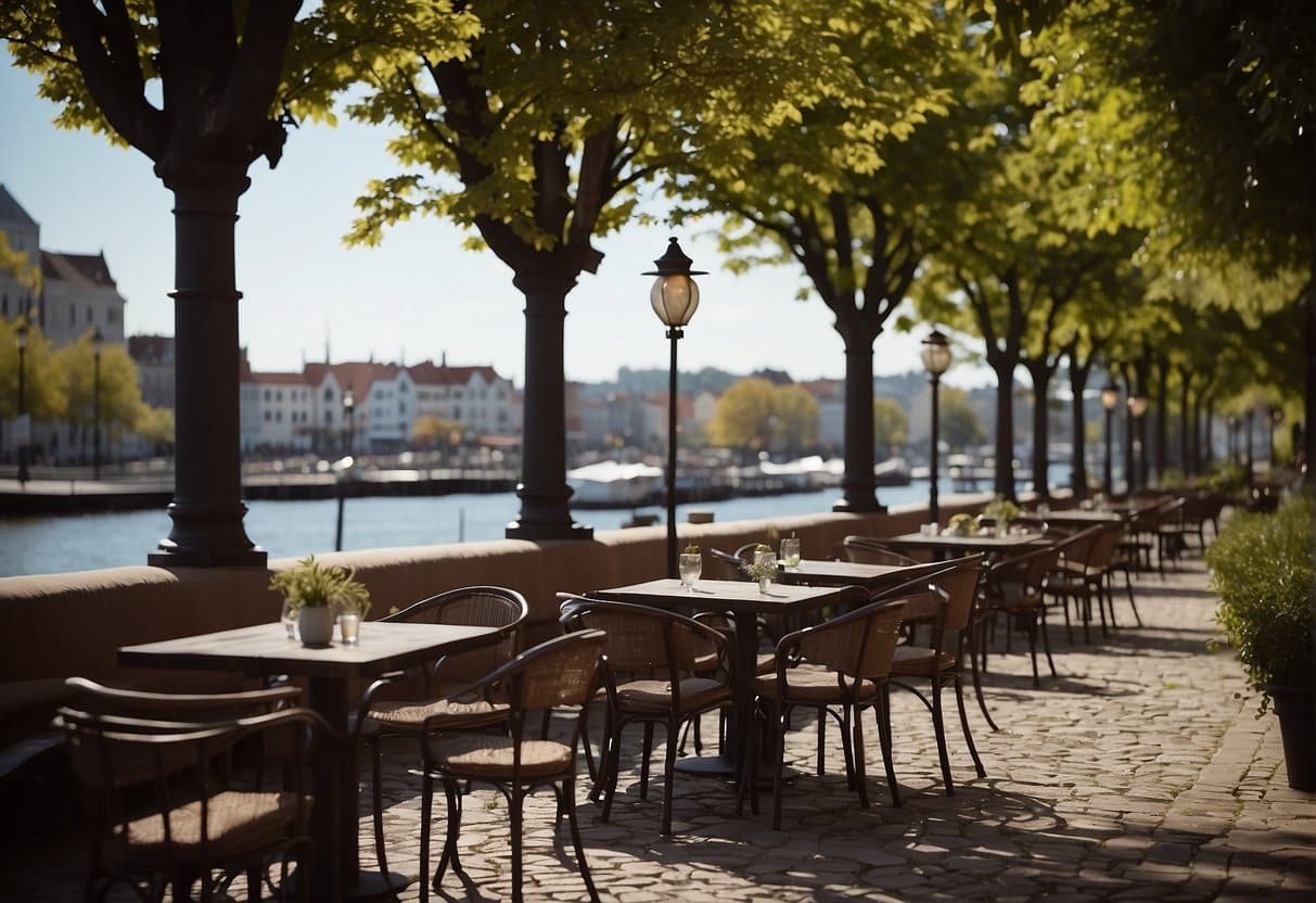 A bustling waterfront promenade with colorful outdoor dining areas and charming cobblestone streets lined with quaint cafes and bistros