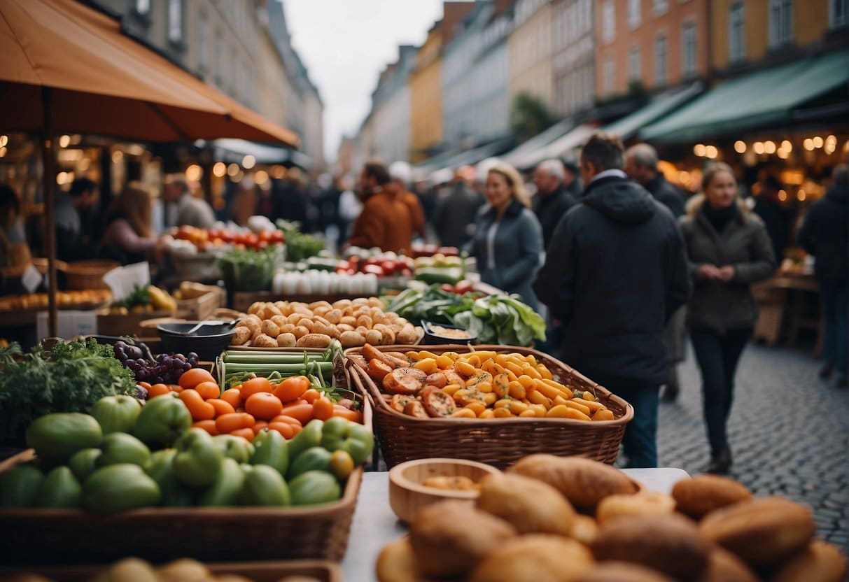 A bustling street in Copenhagen, lined with trendy new restaurants, each with unique and inviting storefronts, filled with happy diners enjoying their meals