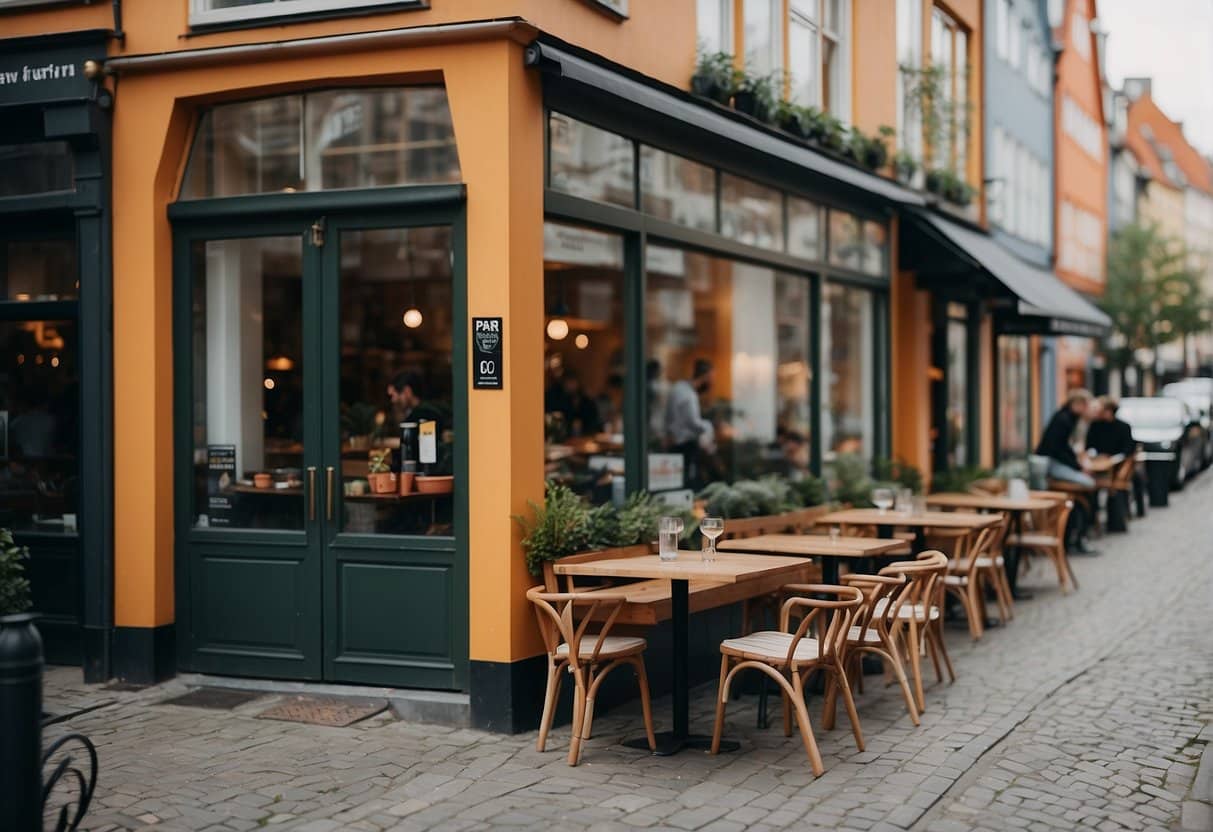 A bustling street in Copenhagen, lined with trendy brunch spots and new restaurants. Colorful outdoor seating and stylish signage draw in hungry diners