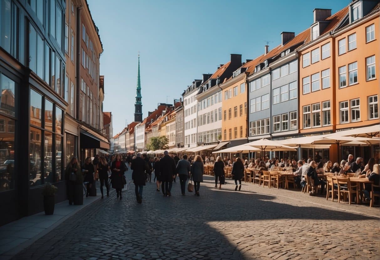 A bustling street in Copenhagen, with colorful facades of new restaurants and excited diners. The aroma of delicious food fills the air as people eagerly line up outside the trendy eateries