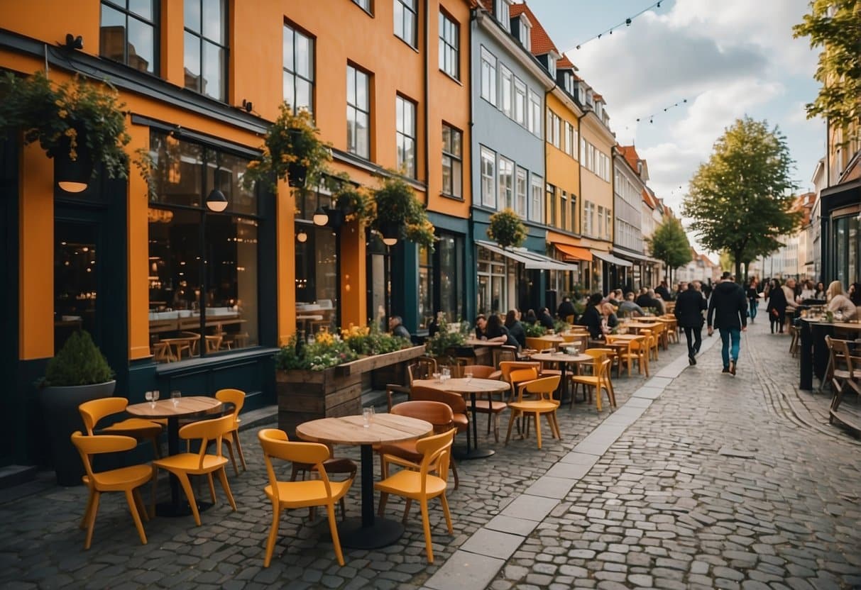 A bustling street lined with trendy new restaurants in Copenhagen, with colorful outdoor seating and vibrant signage, showcasing the city's culinary highlights in 2024