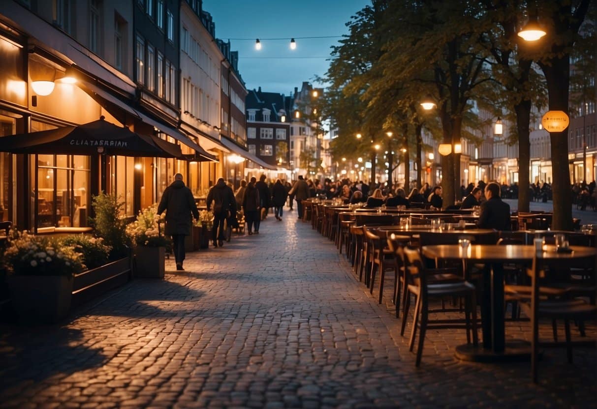 A bustling street in Copenhagen, lined with modern and inviting restaurants, illuminated by the warm glow of streetlights and filled with the aroma of delicious cuisine