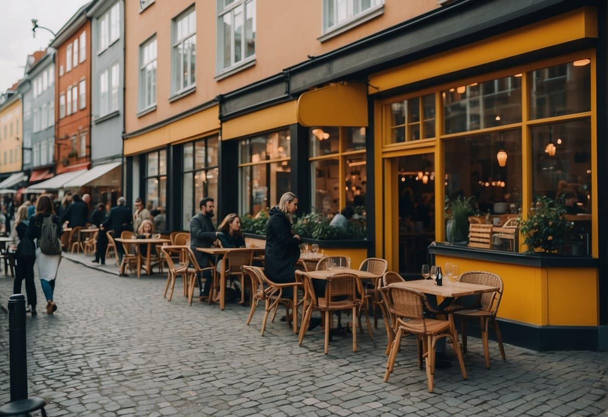 A bustling street in Copenhagen, 2024. Colorful signs adorn the facades of new restaurants, with people enjoying outdoor dining