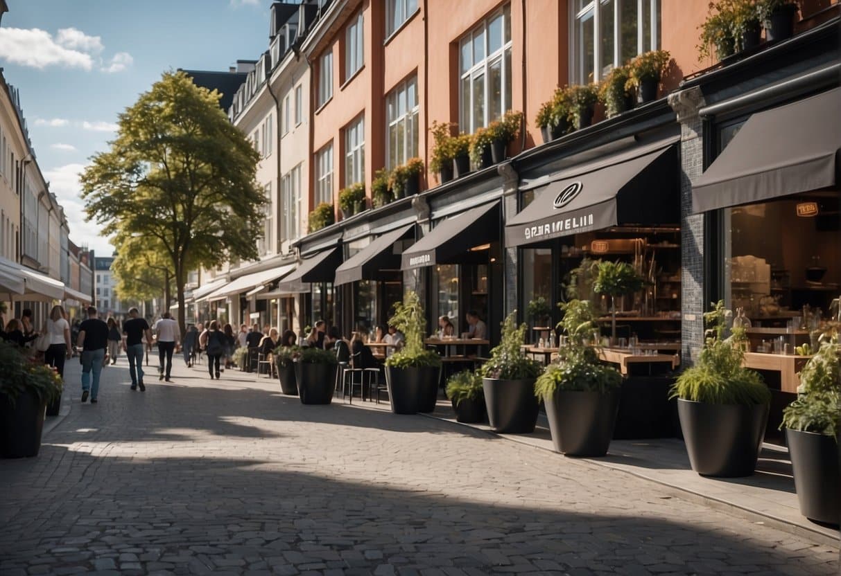 A bustling Copenhagen street lined with modern, sleek restaurants, each adorned with the prestigious Michelin star symbol. The city's culinary scene is alive and vibrant in 2024