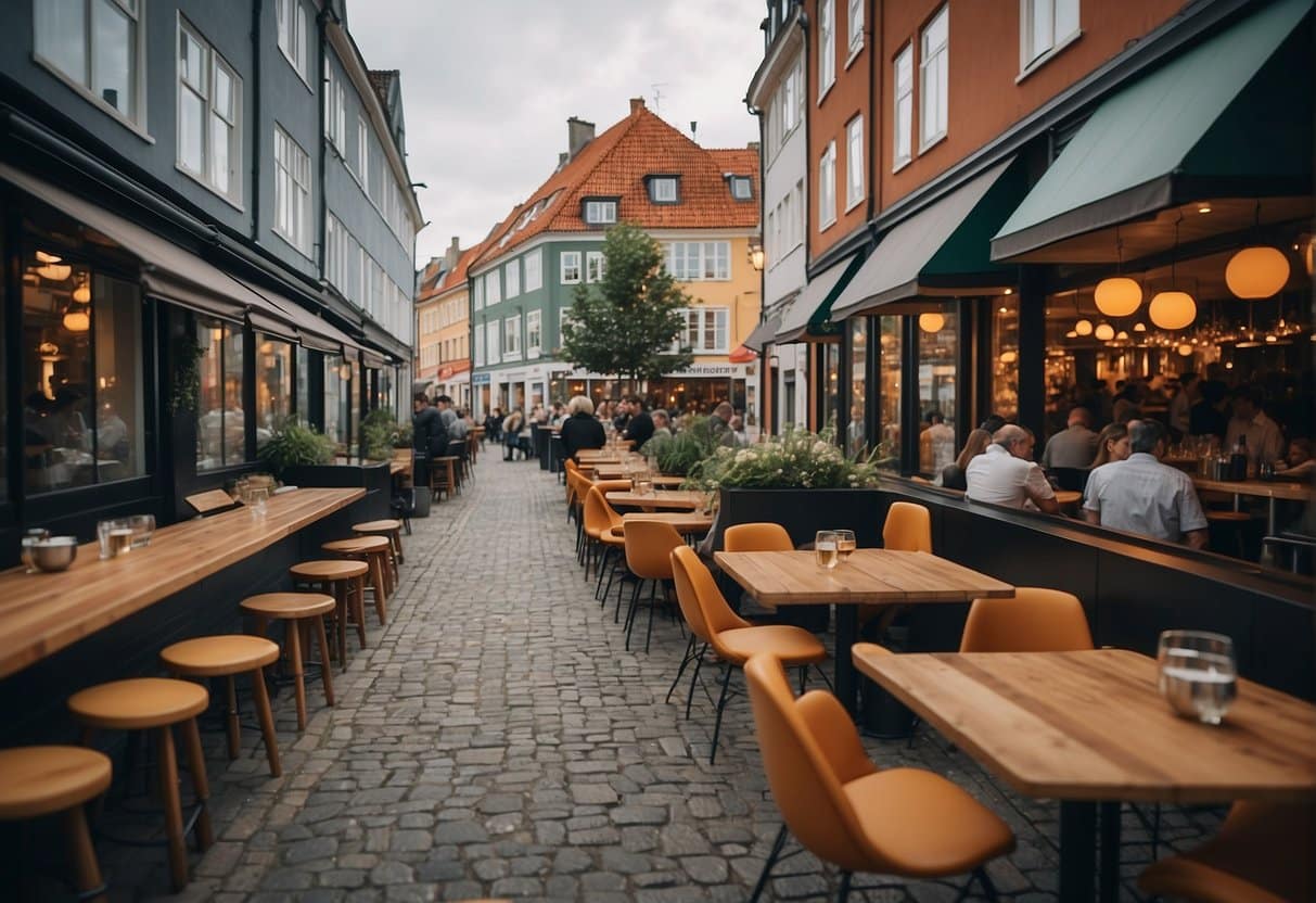 A bustling street lined with trendy new restaurants in Copenhagen, with colorful outdoor seating and tantalizing aromas wafting from open kitchen windows