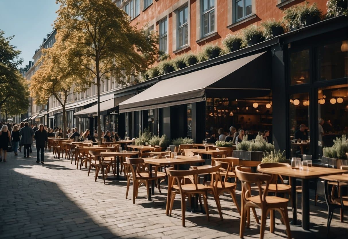 A bustling street in Copenhagen, lined with modern, innovative restaurants showcasing local trends. Vibrant outdoor seating and sleek, minimalist architecture define the scene