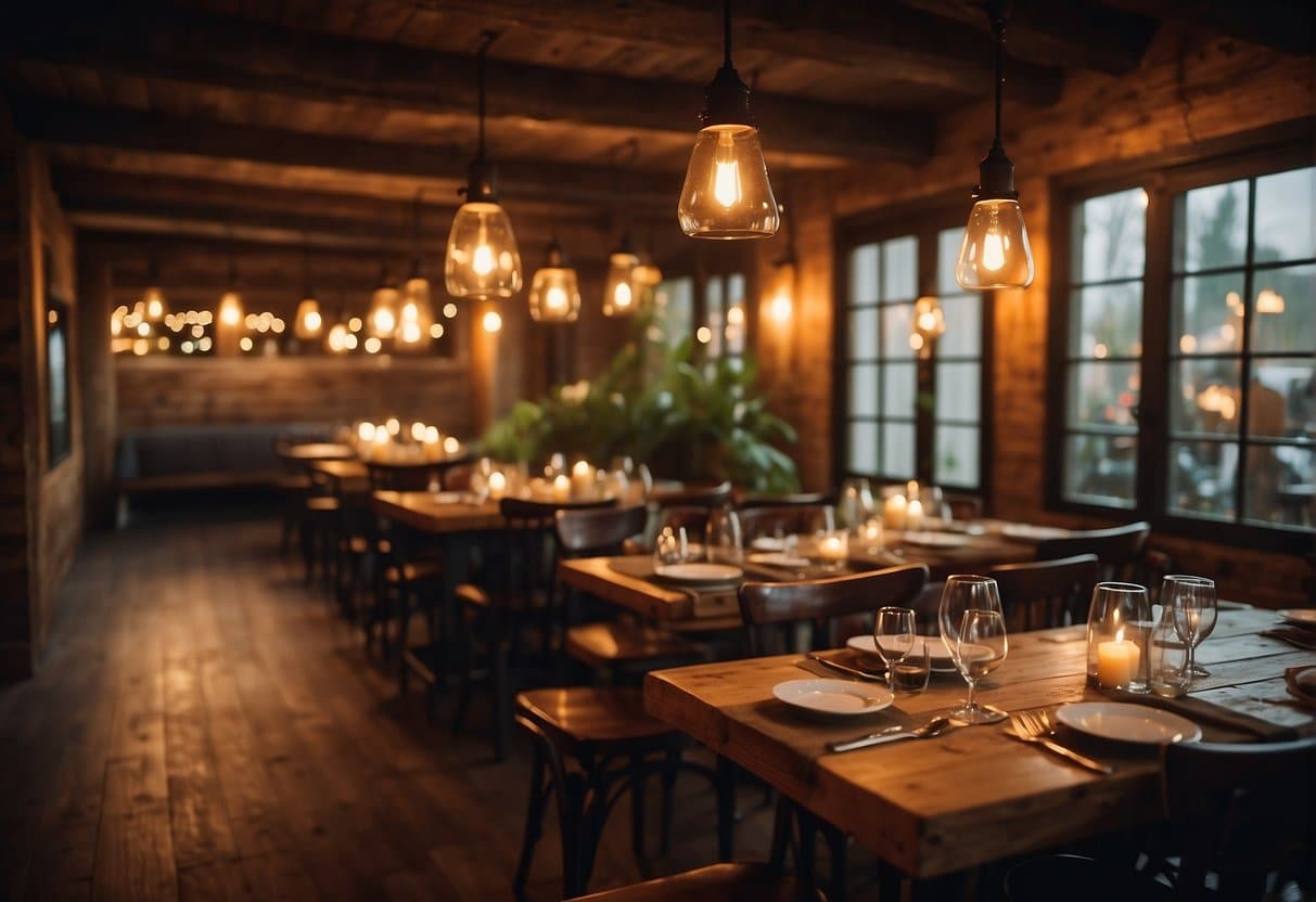 A cozy, candlelit restaurant with rustic wooden tables and a warm, inviting atmosphere. Delicious, affordable dishes are being served by attentive staff