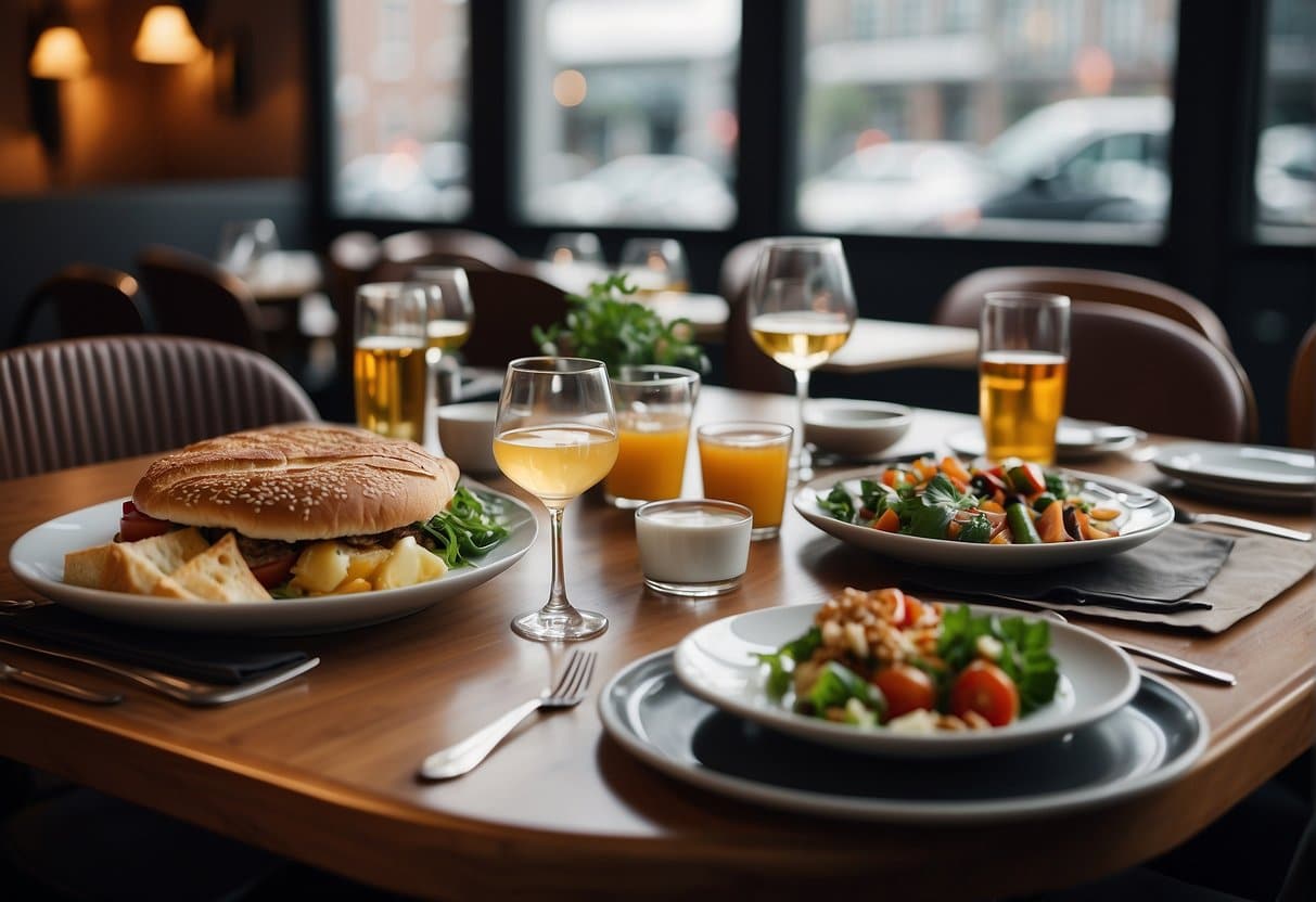 A cozy table set with food and drinks at a bustling, budget-friendly restaurant in Copenhagen, 2024