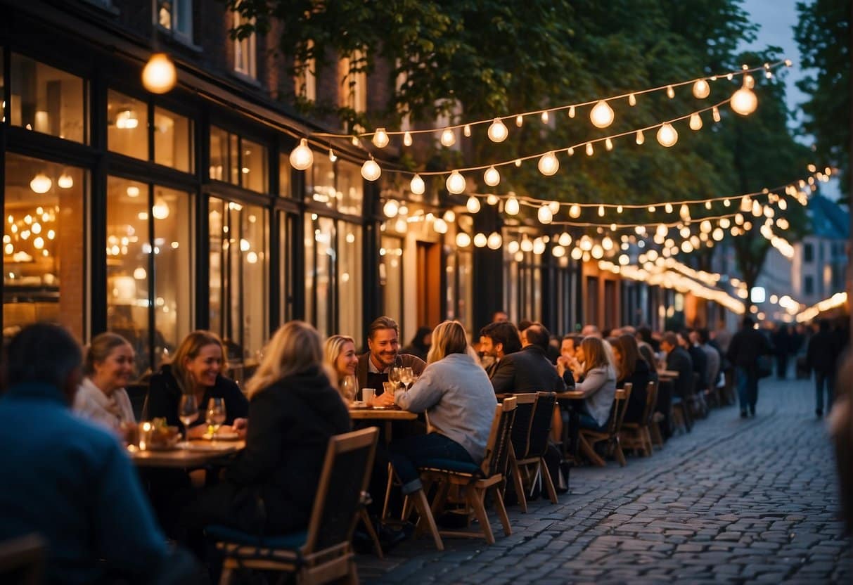 A bustling street in Copenhagen, lined with colorful and inviting restaurants. A mix of locals and tourists enjoy outdoor dining under the warm glow of string lights