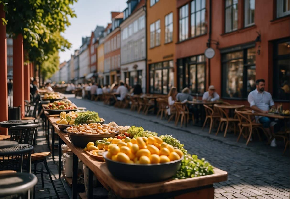 A bustling street in Copenhagen, 2024, lined with colorful and inviting budget-friendly restaurants, with mouth-watering aromas wafting through the air