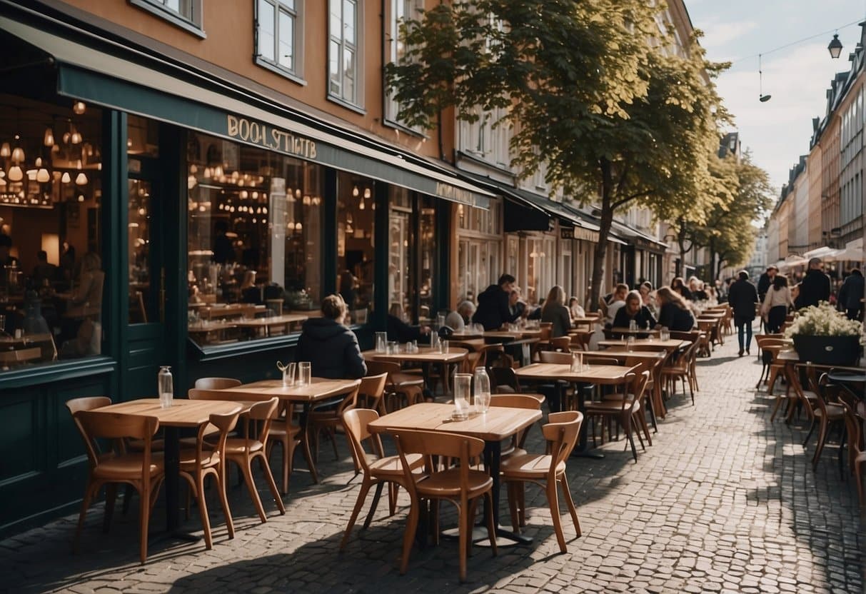 A bustling street in Copenhagen, lined with a variety of restaurants, from cozy cafes to trendy bistros, catering to every budget