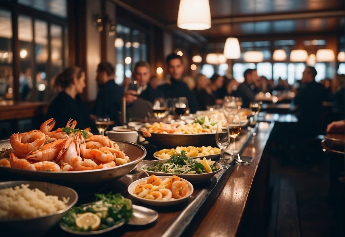 A bustling seafood restaurant in Copenhagen with elegant decor, attentive service, and a lively atmosphere