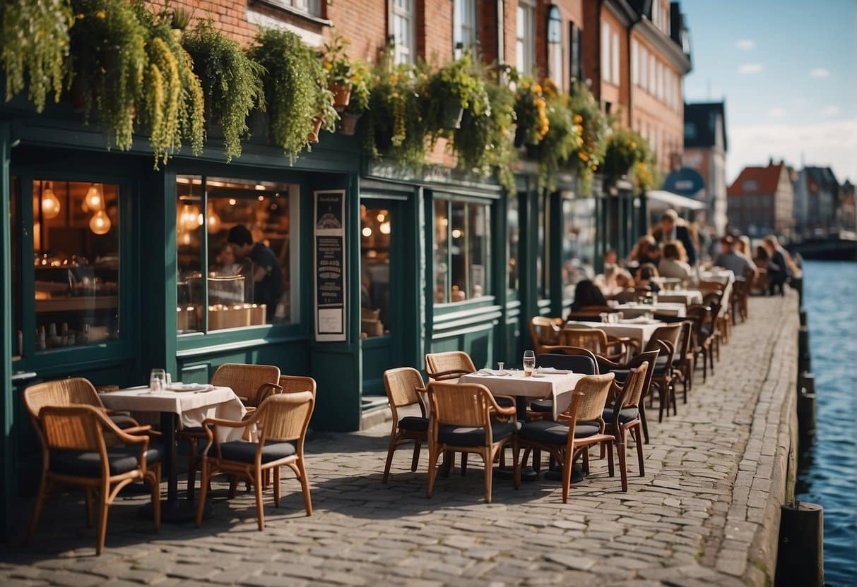 A bustling seafood market in Copenhagen, with colorful stalls and fresh catches on display. The air is filled with the smell of saltwater and grilling fish