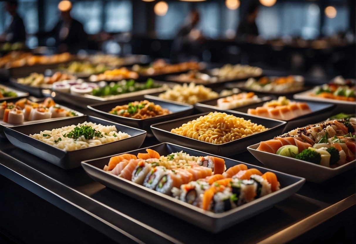 A lavish buffet spread with a variety of international cuisines, from sushi to pasta, displayed on sleek serving trays in a modern, upscale restaurant in Copenhagen