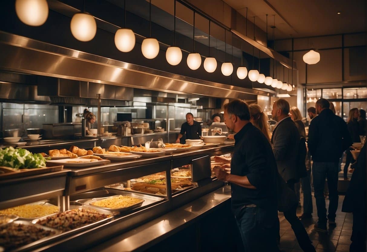 A bustling buffet restaurant in Copenhagen, filled with satisfied customers leaving positive reviews and feedback