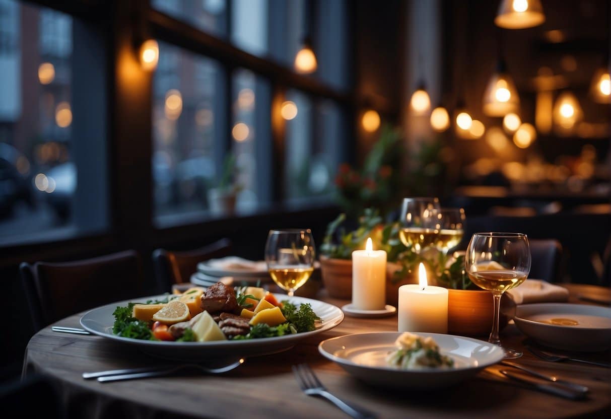 A table set with traditional Danish dishes, surrounded by cozy, candlelit ambiance in a Copenhagen restaurant