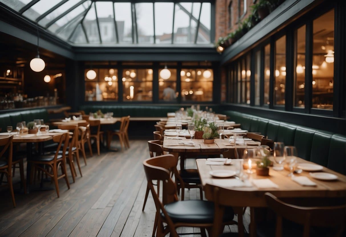 A cozy restaurant in Copenhagen with traditional Danish cuisine. Wooden tables and chairs, soft lighting, and a display of Danish delicacies