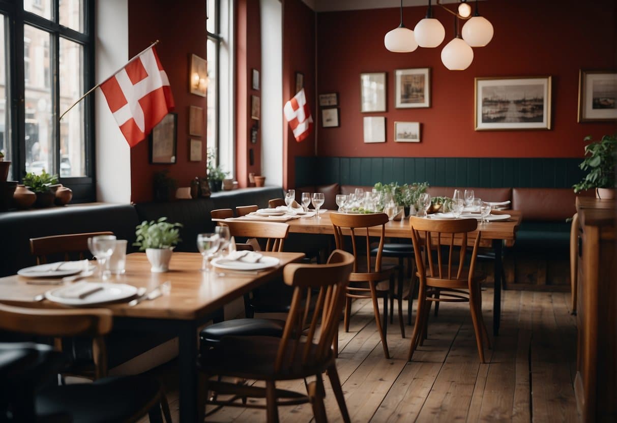 A cozy restaurant in Copenhagen with Danish flags, traditional decor, and a spread of classic Danish dishes on a table