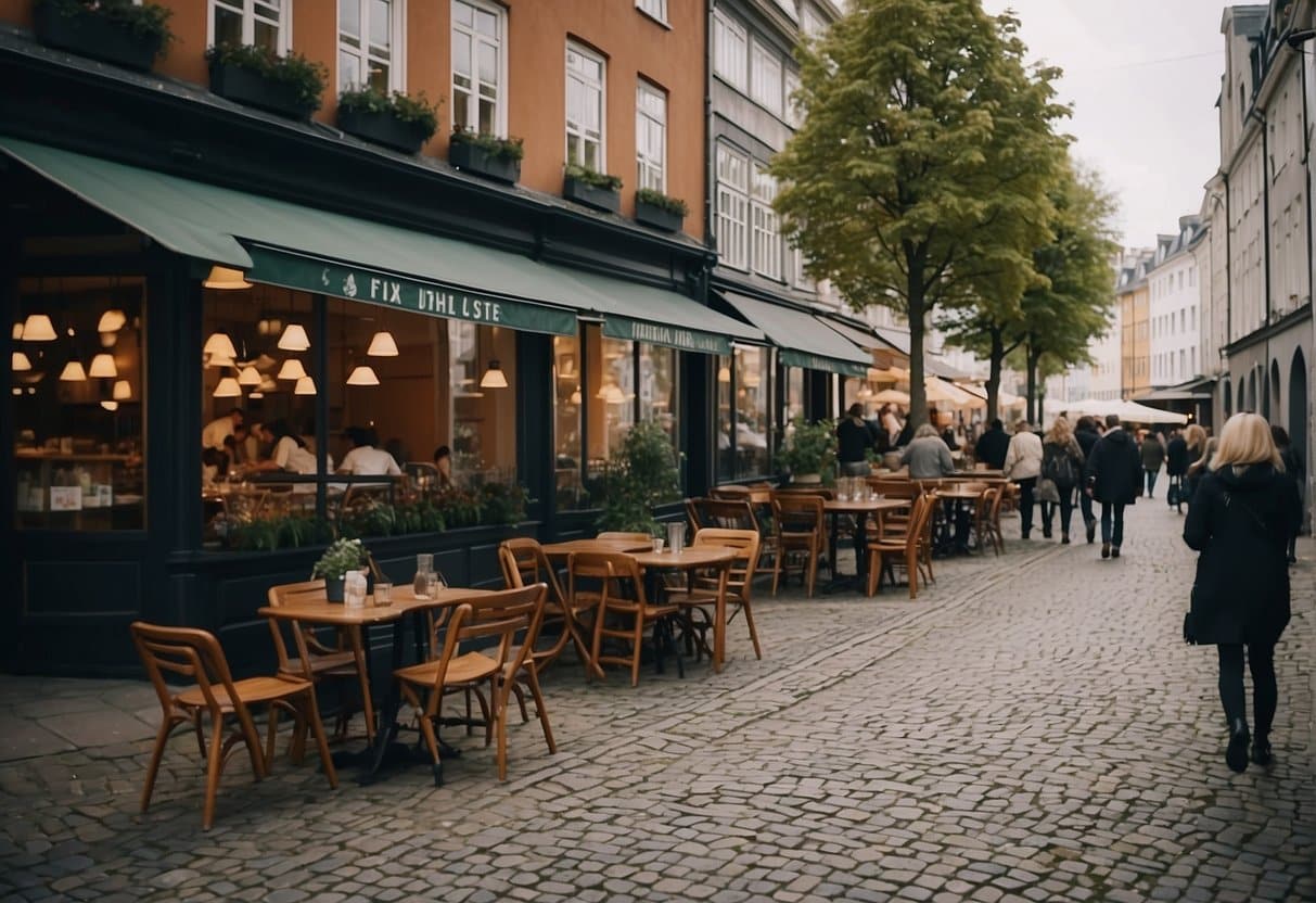 A bustling Copenhagen street with traditional Danish restaurants serving classic Danish dishes amidst historic architecture