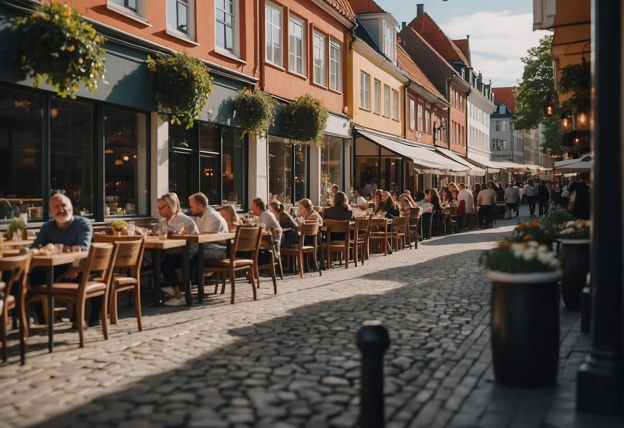 A bustling street lined with diverse Danish restaurants in Copenhagen, showcasing a variety of traditional Danish cuisine